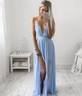 A-line V neck blue chiffon long prom dress, evening dress