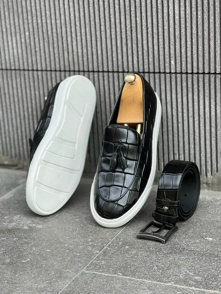 Bojoni Veneta Buckled Croc Detailed Black Loafer