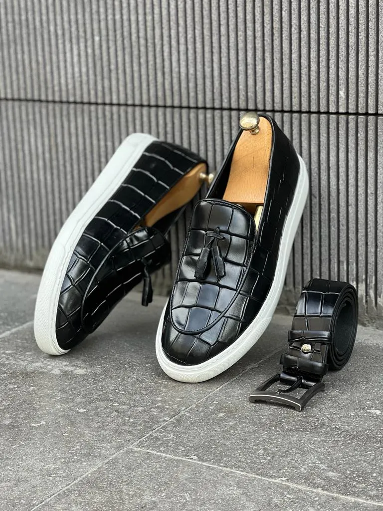 Bojoni Veneta Buckled Croc Detailed Black Loafer