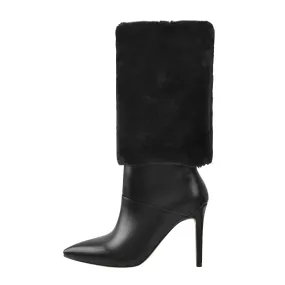 Downy White Black Pointed Toe High Heel Stiletto Boots