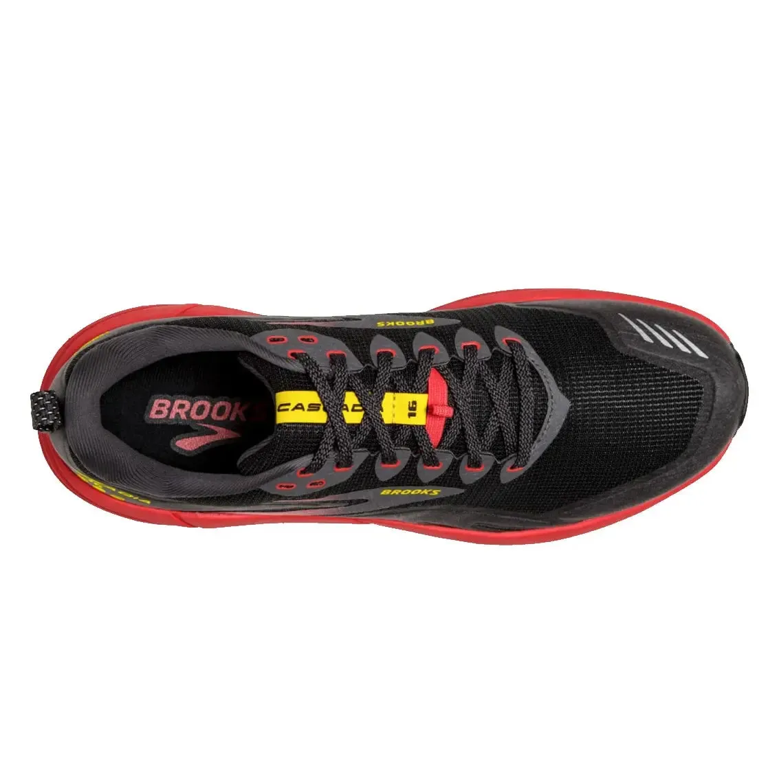 Mens Brooks Cascadia 16 - Black / Fiery Red / Yellow