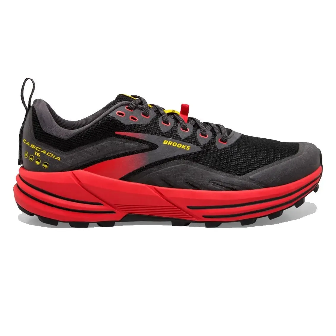 Mens Brooks Cascadia 16 - Black / Fiery Red / Yellow