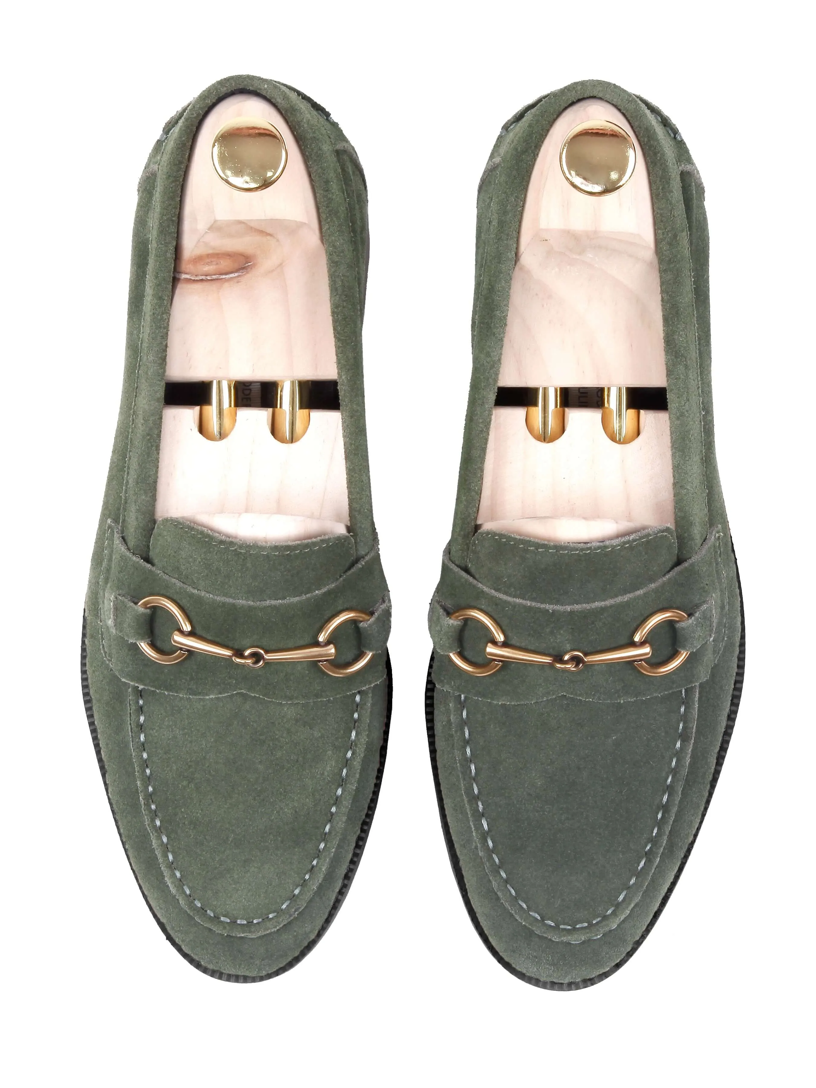 Penny Loafer Horsebit Buckle - Olive Green Suede Leather (Black Crepe Sole)