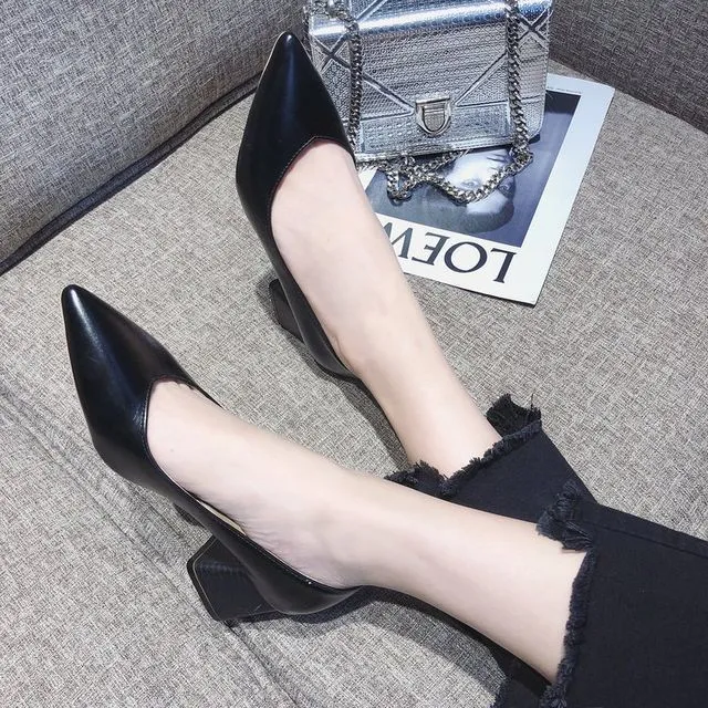 Pointy-Toe Plain Chunky Heel Pumps cc21