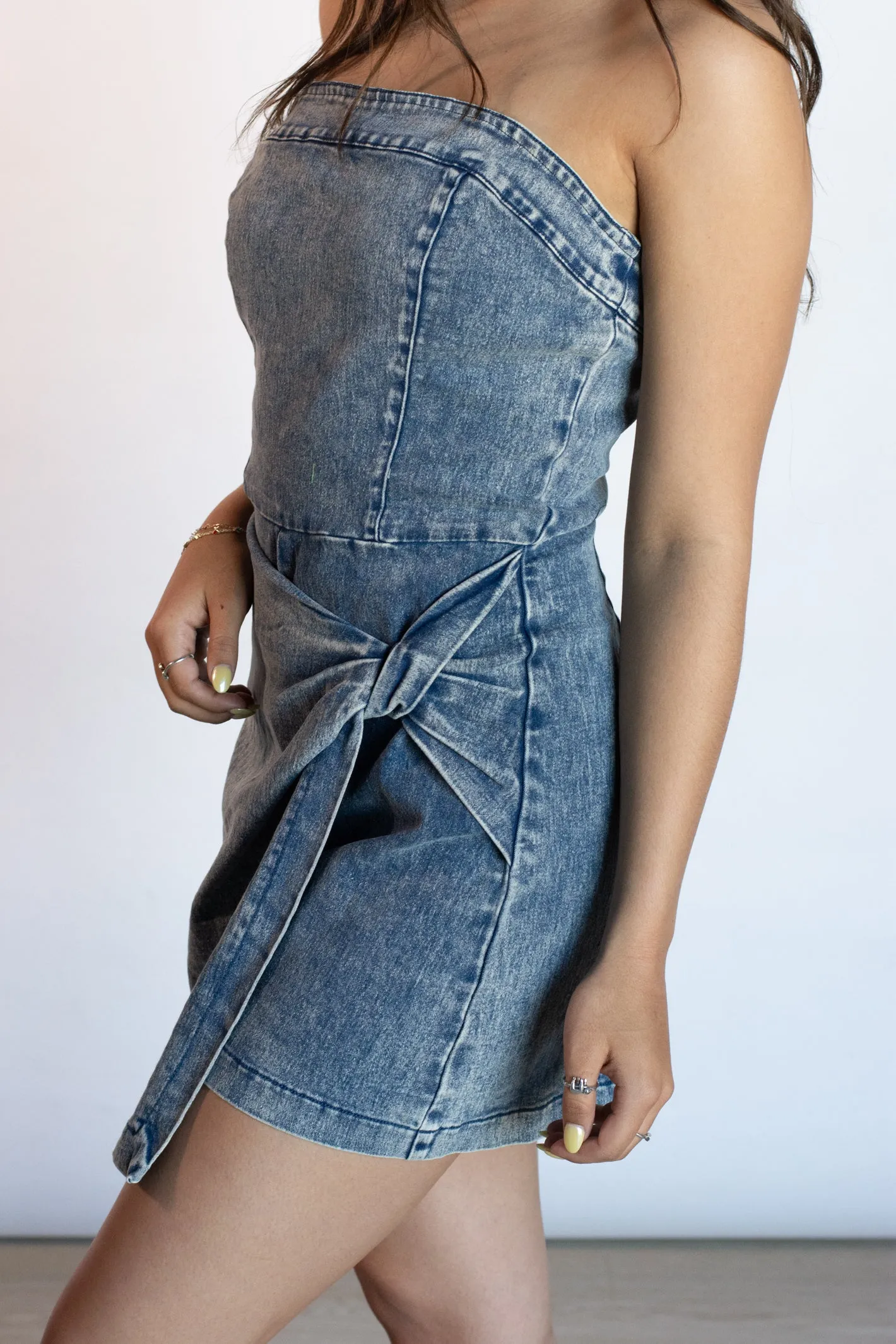 PRE-ORDER: Spin You Around Denim Strapless Romper