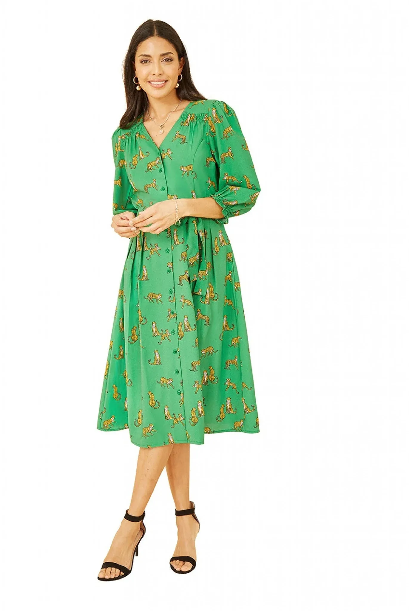 Yumi Green Cheetah Print Midi Shirt Dress